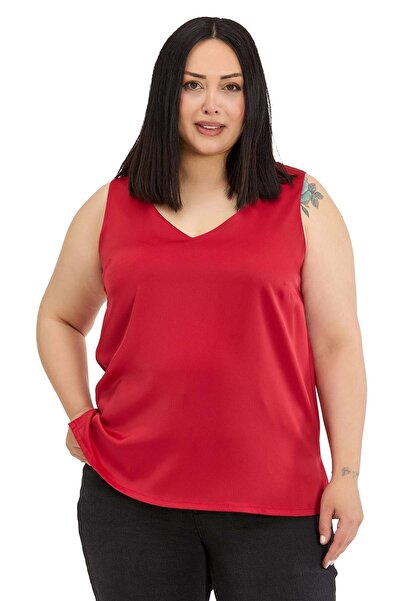 DISENTIS MODEST Μεγάλο μέγεθος, αμάνικη σατέν κόκκινη μπλούζα με V λαιμόκοψη ...