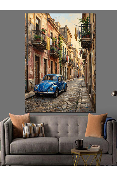Artmeg Pânză decorativă cu mașină albastră nostalgică într-o stradă îngustă -...