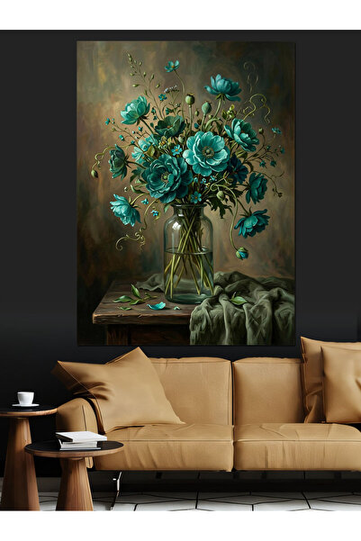 Artmeg Turquoise Roses in a Vase and Light Decorative Canvas - Mdf Wood Table