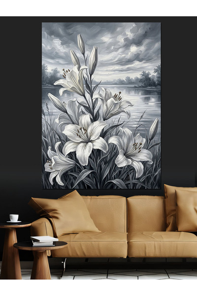 Artmeg Pânză decorativă cu flori mari de crin alb-negru - Tablou din lemn MDF