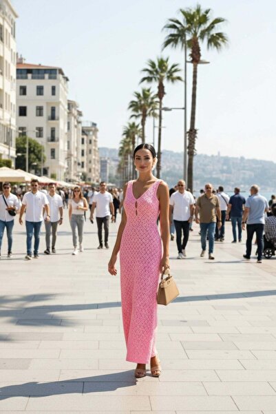 Mossta Μακρύ πλεκτό φόρεμα με λαιμόκοψη V - Ροζ