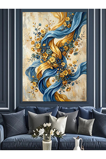Artmeg Yellow Blue Flowers and Patterns Decorative Canvas - Mdf Wood Painting