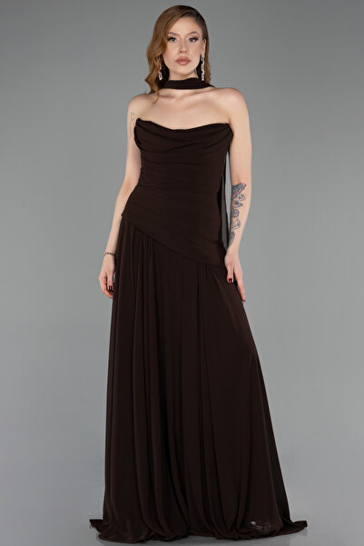 Abiyefon Kahve Straplez Peplum Kesim Uzun Şifon Abiye Elbise ABU5763