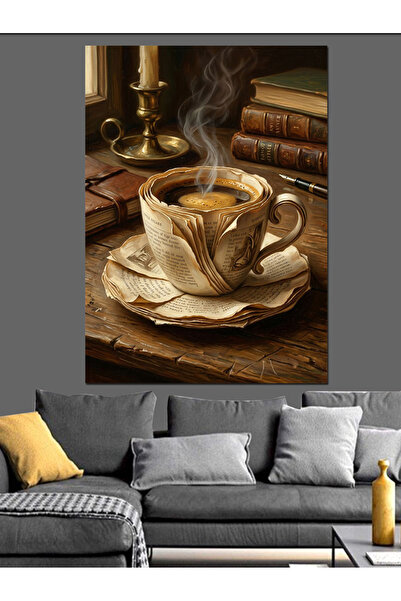 Artmeg Coffee Cup and Book Pleasure Decorative Canvas - Mdf Wood Table
