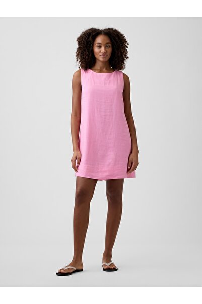 GAP Kadın Pembe Keten Karışımı Apron Mini Elbise