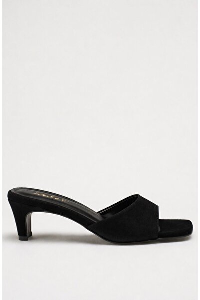 LDR Γυναικείες μαύρες σουέτ παντόφλες με κοντό τακούνι και τετράγωνη μύτη