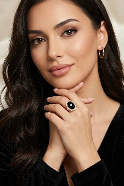 Happyline Siyah Oval Taşlı Yüzük Gold Kaplama Yüzük Kına Yüzük Abiye Yüzük Yü...