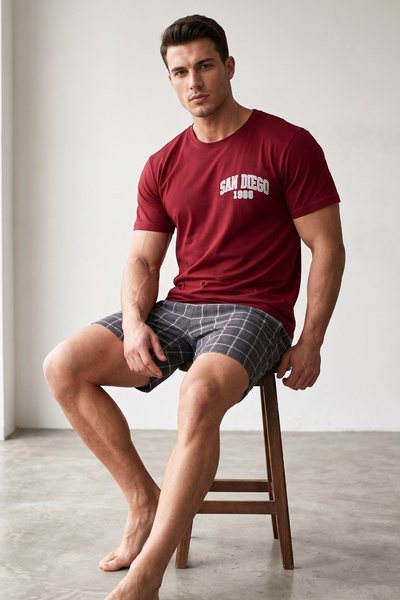 Siyah İnci Βουργουνδί χρώματος καπνιστό καρό με στάμπα πλεκτό κοντομάνικο σετ...