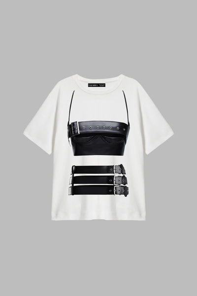 Bak Moda Δερμάτινη Φούστα με Στάμπα, Άνετη Γραμμή, Λευκό Γυναικείο Μπλουζάκι