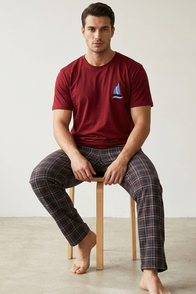 Siyah İnci Βουργουνδί καρό μοτίβο με στάμπα πλεκτό κοντομάνικο σετ πιτζάμες 8006