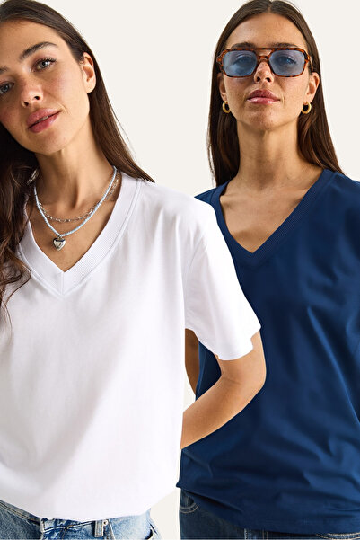 Bianco Lucci Γυναικείο μπλουζάκι από 100% οργανικό βαμβάκι με βαθύ V λαιμόκοψ...