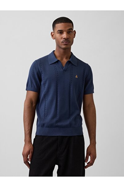 GAP Erkek Lacivert Relaxed Johnny Yaka Pointelle Triko Polo T-Shirt
