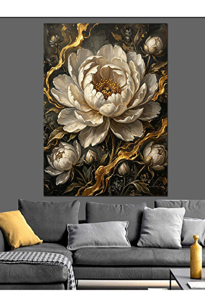 Artmeg Pânză decorativă cu flori mari albe cu detalii aurii - Masă din lemn MDF