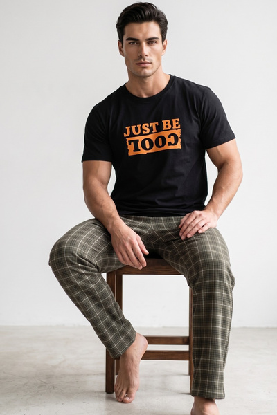 Siyah İnci μαύρο πράσινο καρό μοτίβο με στάμπα πλεκτό κοντομάνικο σετ πιτζάμε...