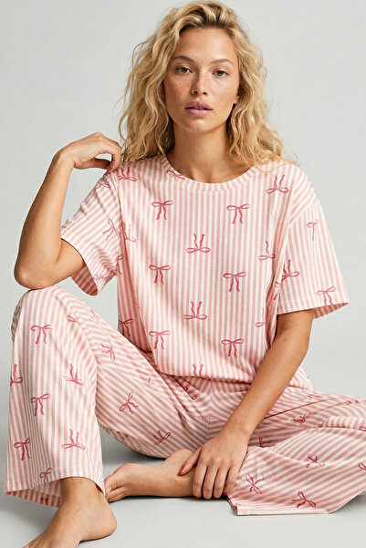 Siyah İnci Σετ πιτζάμες με σχέδιο φιόγκου σολομού, λεπτό, απαλό, πλεκτό, εποχ...