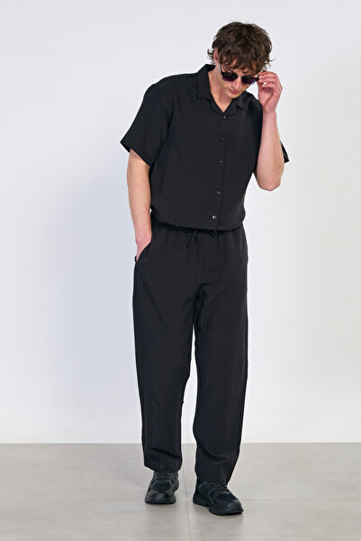 BARRELS AND OIL Ανδρικό ριγέ παντελόνι με δέσιμο στη μέση - Μαύρο