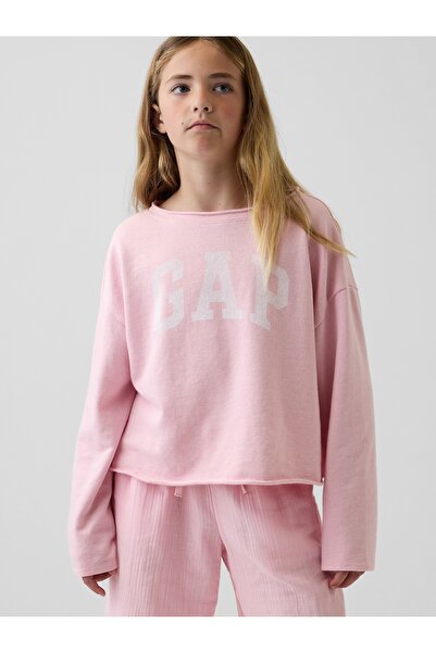 GAP Kız Çocuk Pembe Fransız Havlu Kumaş Wide-Neck Logo Sweatshirt