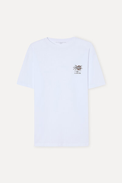 Mudo Men's White Printed Oversize Crew Neck T-Shirt