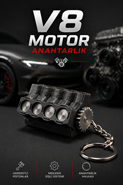 loftico V8 Motor Anahtarlık - Hareketli Piston - İdeal Boyut