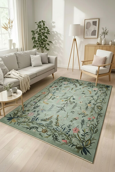 GECE HOME Mint Yeşili Çiçek Desenli Kaymaz Taban Yolluk Halı Dijital Baskı Mo...