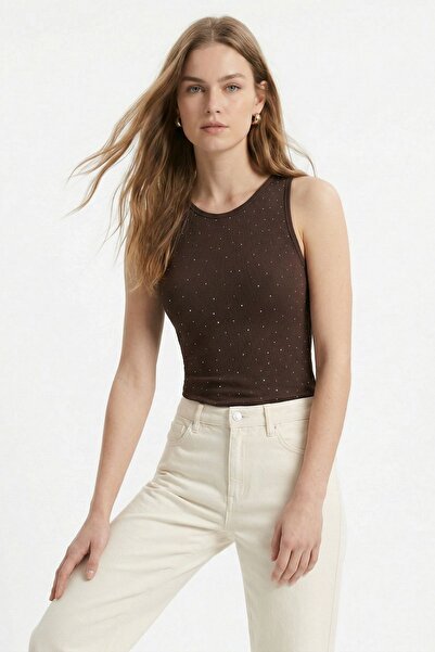 Rays Καφέ μπλούζα με λαιμόκοψη ποδηλάτου και στρας 2216