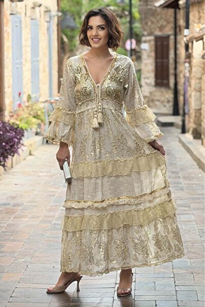 Nevin Kaya Moda Κρεμ Χρώμα Χειροποίητο Ινδικό Φόρεμα με Κεντημένες Πέτρες