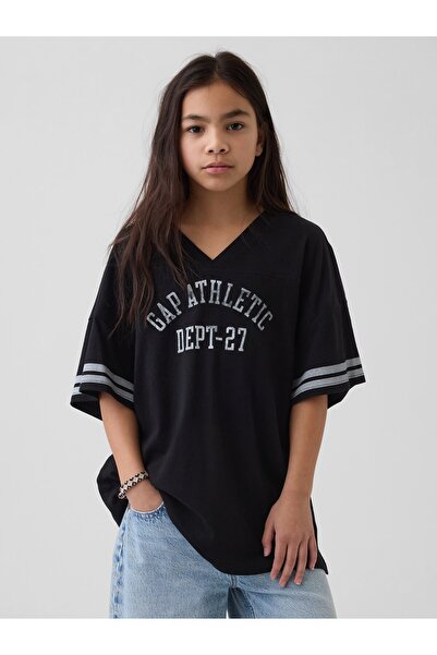 GAP Kız Çocuk Siyah Oversized Athletic Logo Jersey T-Shirt