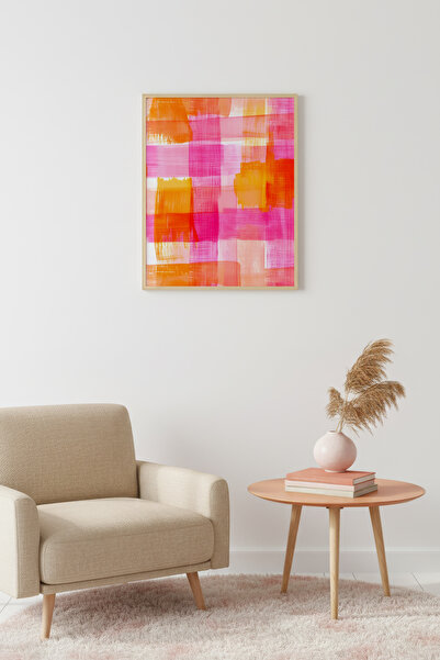 huhuli Doğal Ahşap Çerçeveli Retro Tablo - Turuncu Pembe Soyut Plaid Desen | ...
