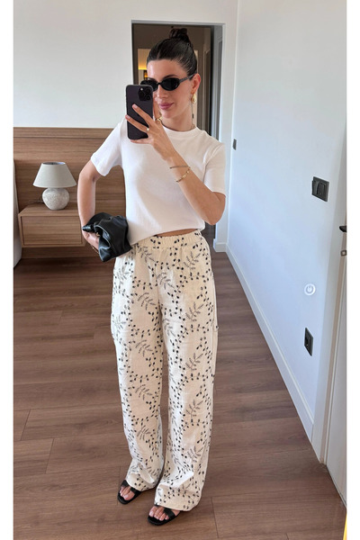 My Blog Εκρού 100% βαμβακερό παντελόνι με κέντημα - 1710