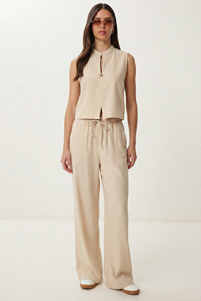 Lovelyİstanbul Λινό Σετ Πάνω-Κάτω Μέρους με Χρυσά Αξεσουάρ LAZ0001 ΚΡΕΜ