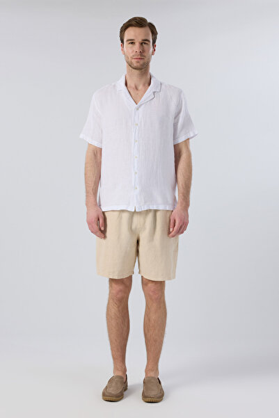 İpekçi Otantik Short Sleeve Linen Men's Shirt with Horizontal Collar White