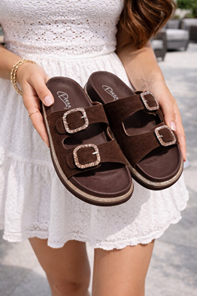 Pienn Γυναικείες παντόφλες με διπλή πόρπη, μαλακή ορθοπεδική σόλα και πέτρες