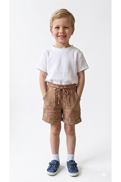 Bambam Αγορίστικο μπεζ σορτς μουσελίνας - Ελαστική μέση με άνετη εφαρμογή, κα...