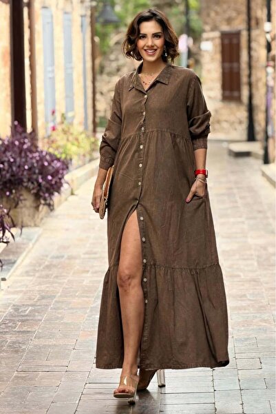 Nevin Kaya Moda Καφέ Τυρκουζ Πουκαμισένιο Φόρεμα 100% Βαμβάκι