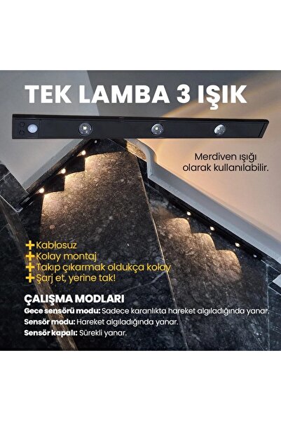 UpWay Sensörlü 40 cm 3’lü LED Lamba – 3 Renkli Ayarlanabilir Tezgah Merdiven Dolap Aydınlatma