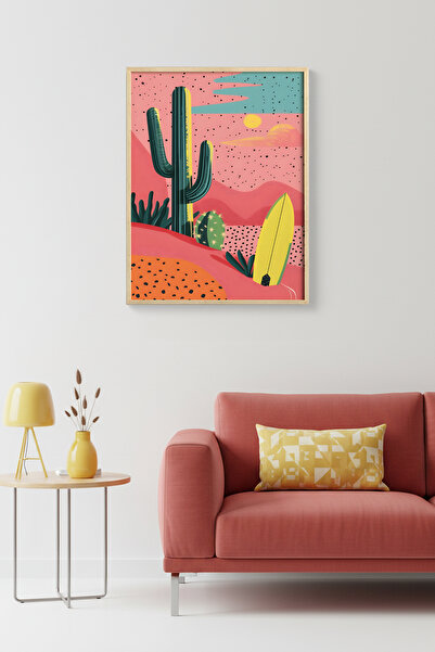 huhuli Επιτραπέζια ζωγραφιά με σχέδιο κάκτου με φυσικό ξύλινο πλαίσιο - Boho ...