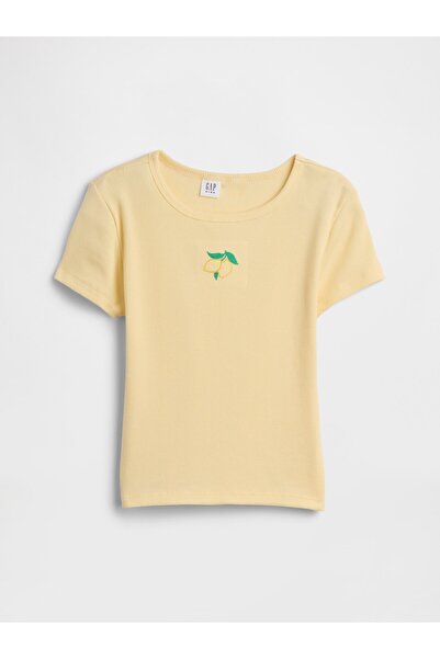GAP Kız Çocuk Sarı Kids Ribbed Bisiklet Yaka T-Shirt