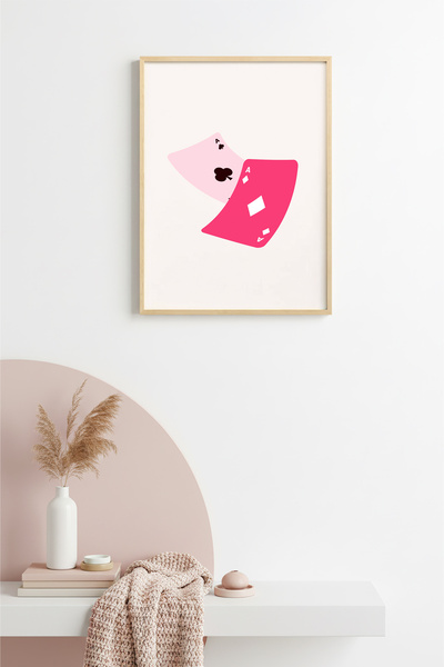 huhuli Retro stol za karte sa okvirom od prirodnog drveta - Pink Aces | huhu2514