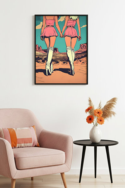 huhuli Εικονογραφικός πίνακας με ροζ τιρκουάζ χρώμα σε φυσικό ξύλινο πλαίσιο ...