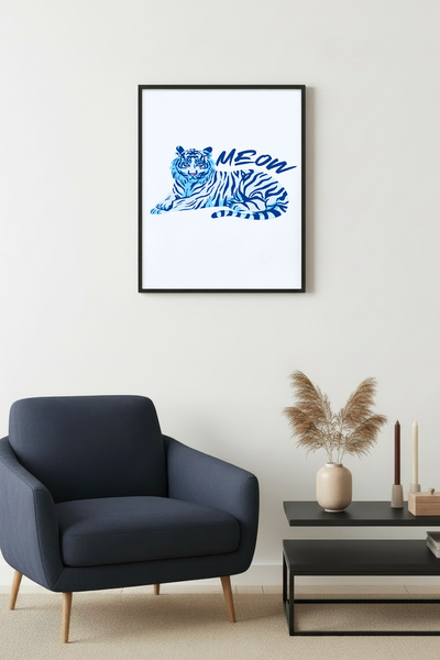 huhuli Ρετρό ζωγραφιά γάτας με φυσικό ξύλινο πλαίσιο - Μπλε μοτίβο νιαουρίσμα...