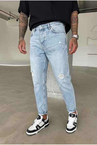 MADZEYMODA Ανδρικό τζιν παντελόνι Snow Wash Boyfriend με σκισίματα και λεπτομ...