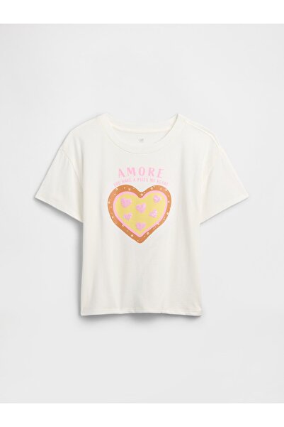 GAP Kız Çocuk Beyaz Oversized Grafik Baskılı T-Shirt
