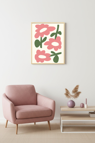 huhuli Ρετρό πίνακας ποπ αρτ με φυσικό ξύλινο πλαίσιο - Ροζ λουλούδια |   huh...
