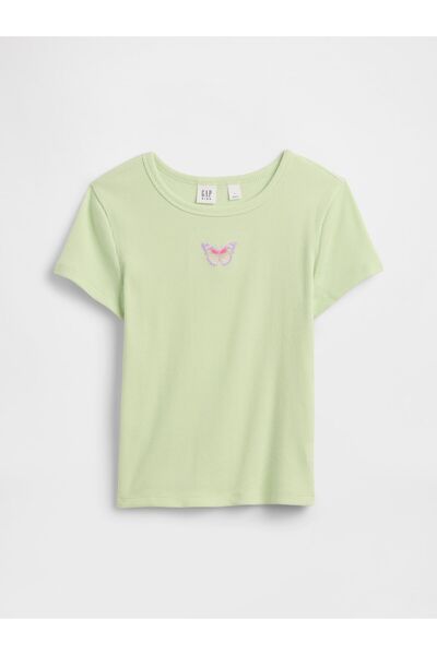 GAP Kız Çocuk Açık Yeşil Kids Ribbed Bisiklet Yaka T-Shirt