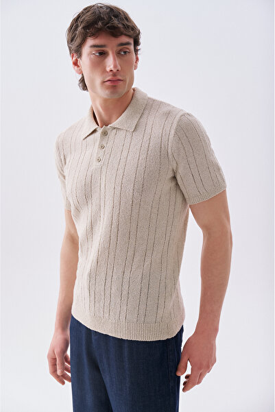 Mudo Men's Beige Linen Blend Polo Collar Short Sleeve Sweater