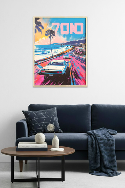 huhuli Ρετρό Πίνακας με θέα στην παραλία με φυσικό ξύλινο πλαίσιο - Τιρκουάζ-...