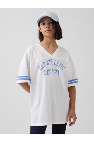GAP Kız Çocuk Beyaz Oversized Athletic Logo Jersey T-Shirt
