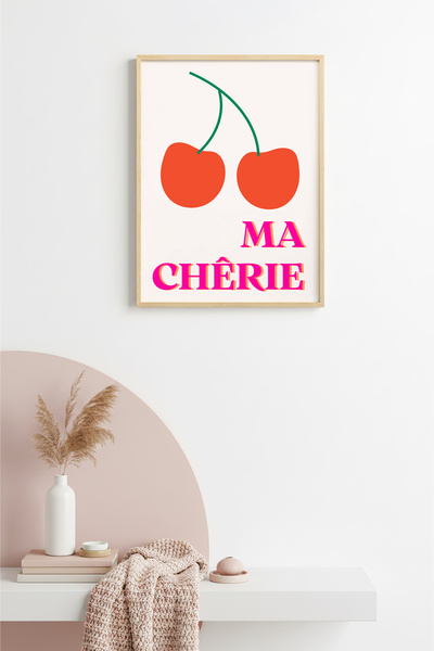 huhuli Tablou Retro Cherry Ma Chérie cu ramă din lemn natural - Tonuri de roz...