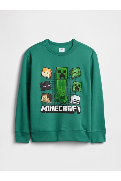 GAP Erkek Çocuk Yeşil Relaxed Minecraft Grafik Baskılı Sweatshirt