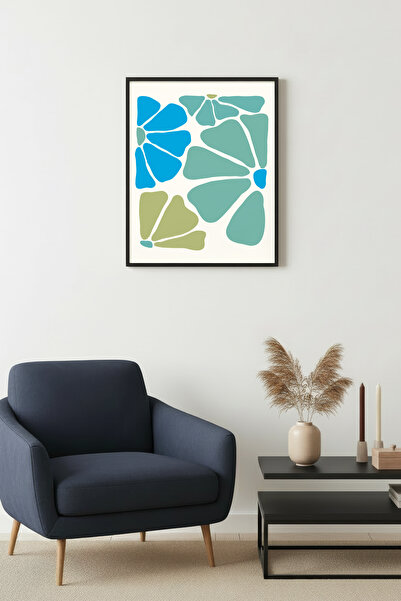 huhuli Ρετρό πίνακας με φυσικό ξύλινο πλαίσιο - Αφηρημένος γεωμετρικός μπλε π...